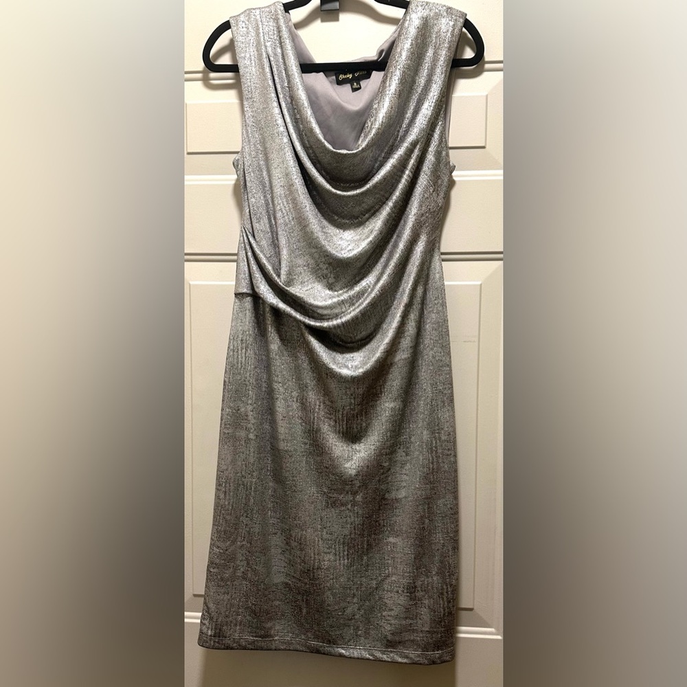 Gorgeous Shelby Nites Silver Metallic Cowl Neck Sheath Dress